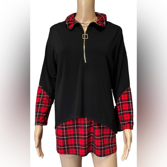 NWT Calessa Color Block Print Long Sleeves Half Zip Layered Twofer Tunic Medium - Picture 2 of 9